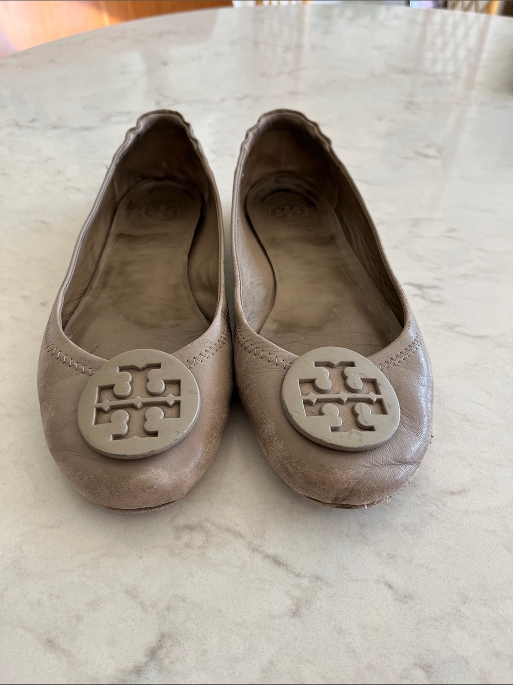 Tory Burch Taupe Leather Travel Ballet Flats